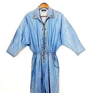 Vintage 80s Mari Lyn Blue Denim Studded Jumpsuit